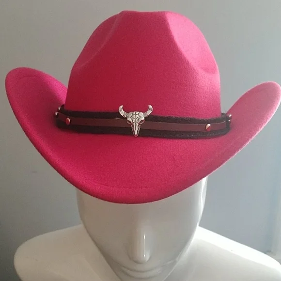 New Pink Unisex Western Cowboy Outback Boho Hat with Steer Head Tie Band - Picture 8 of 13